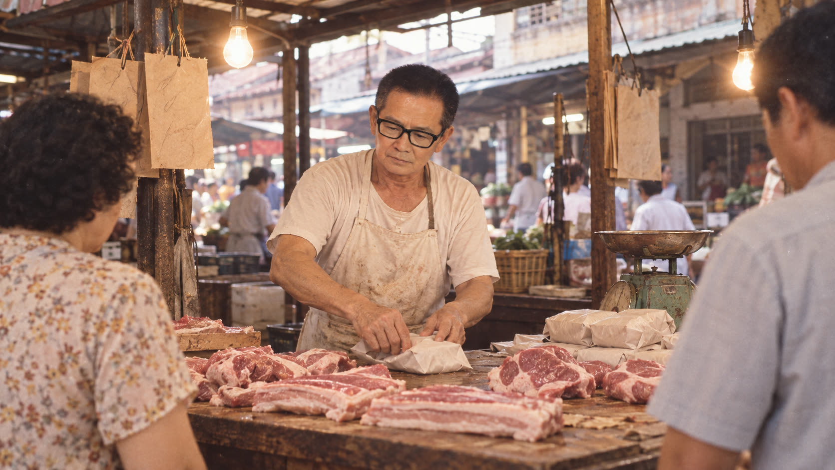 A butcher wraps an order for a regular at a wet market stall in the early 1980s
