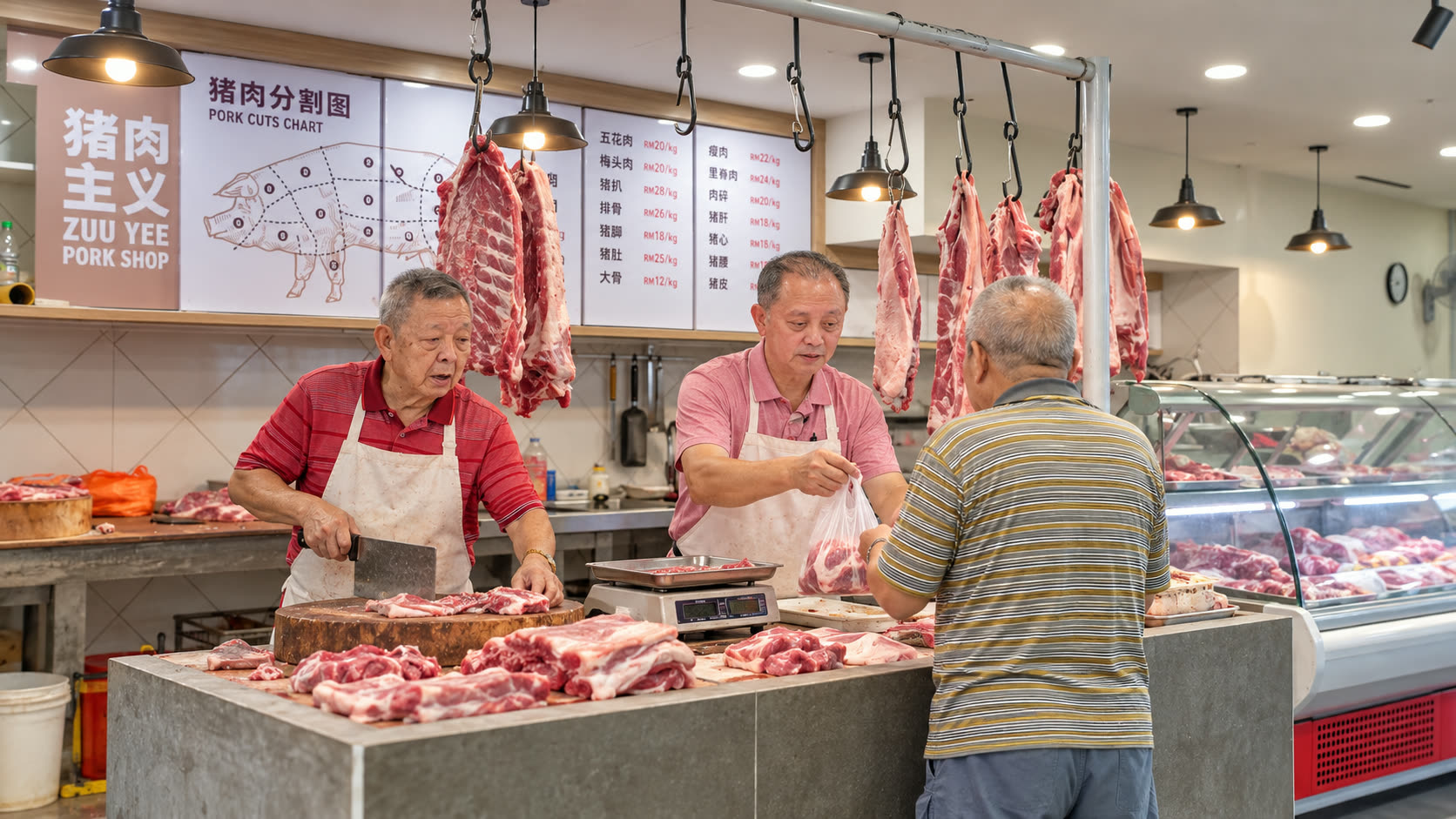 Two generations serve a regular customer across the shop counter
