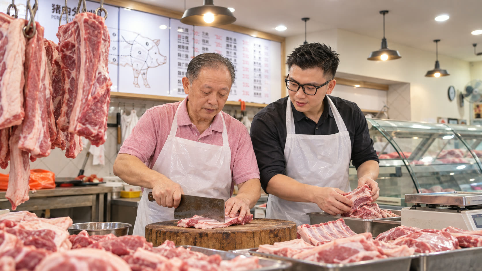A father and son prepare cuts side by side in the shop today
